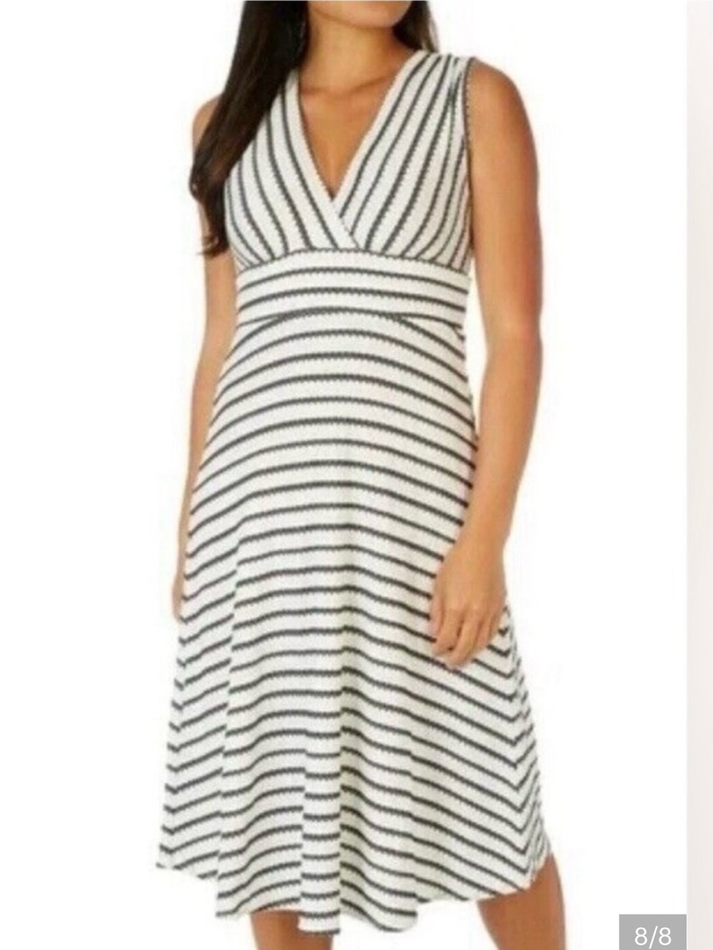 Max Studio Black and White Striped V-Neck Midi Dress